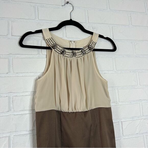 New Brown Satin Beige Chiffon Beaded Neckline Sleeveless Sheath Dress. - Picture 6 of 11